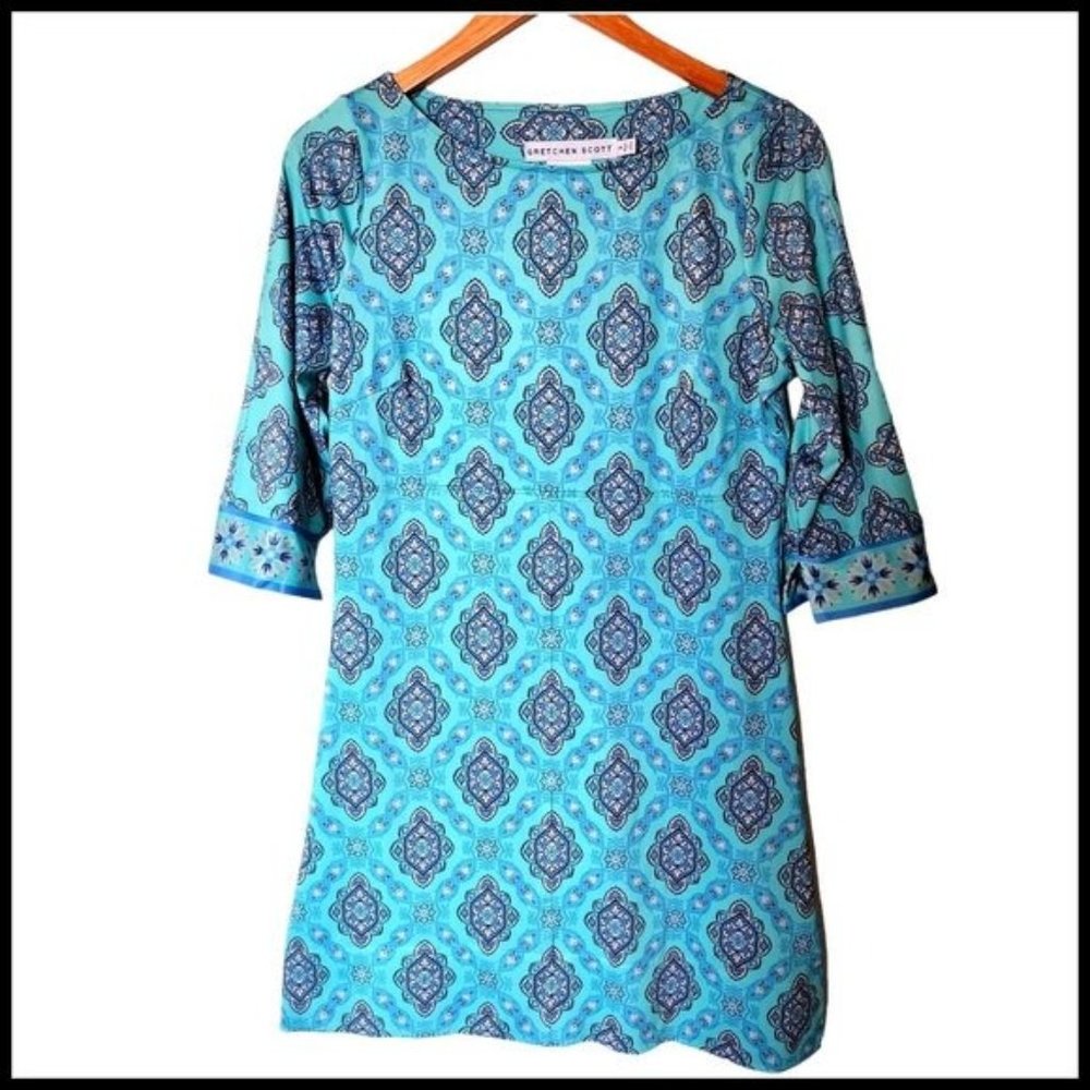Gretchen Scott Dress Blue Floral Bateau Neck size S Small